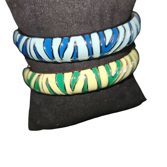 Blue & Green 2 pc. Zebra Print Metal Hinge Bracelets - Picture 2 of 7